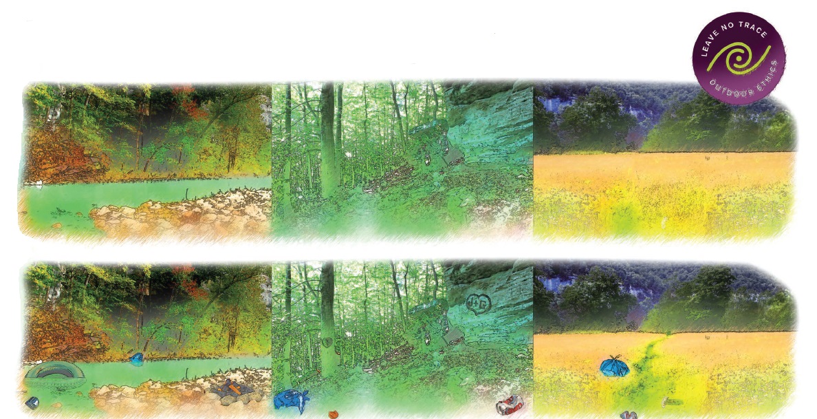 Two scenes from Buffalo National River, one pristine scene, one scene that has traces of human presence