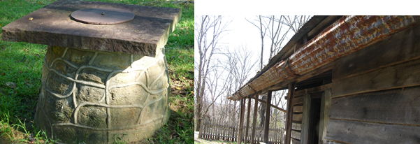 color photos: at left is cylindrical stone structure with flat brown square stone on top and at right is rusted metal gutter along roof