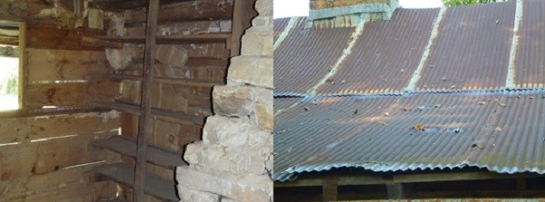 color photos: at left wooden shelves beside stone fireplace chimney and at right rusted metal roof