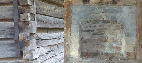 color photos: at left corner of log building and at right stone fireplace