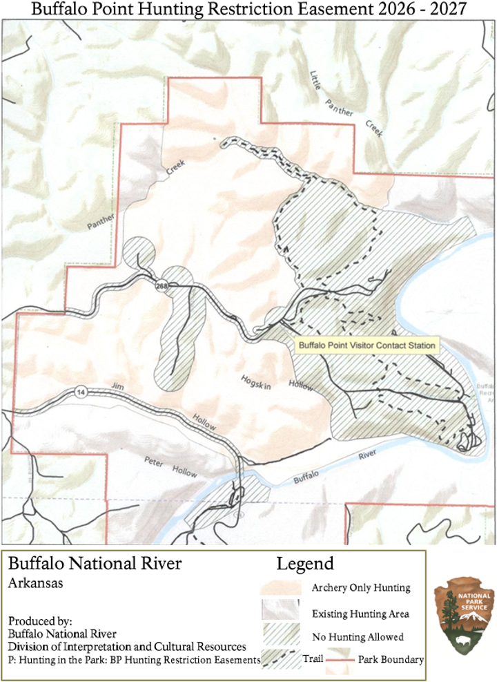 Map of the Buffalo National River in Arkansas showing the 2026–2027 hunting restriction easements, including archery-only hunting areas, existing hunting areas, no-hunting zones, trails, park boundaries, and the Buffalo Point Visitor Contact Station.