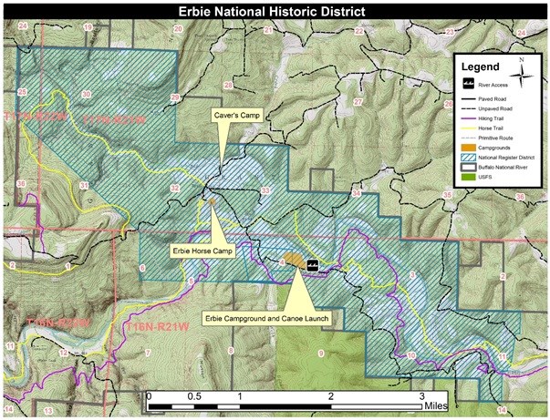 topographic map showing the historic area of Erbie shaded in blue from upper left diagonally to lower right