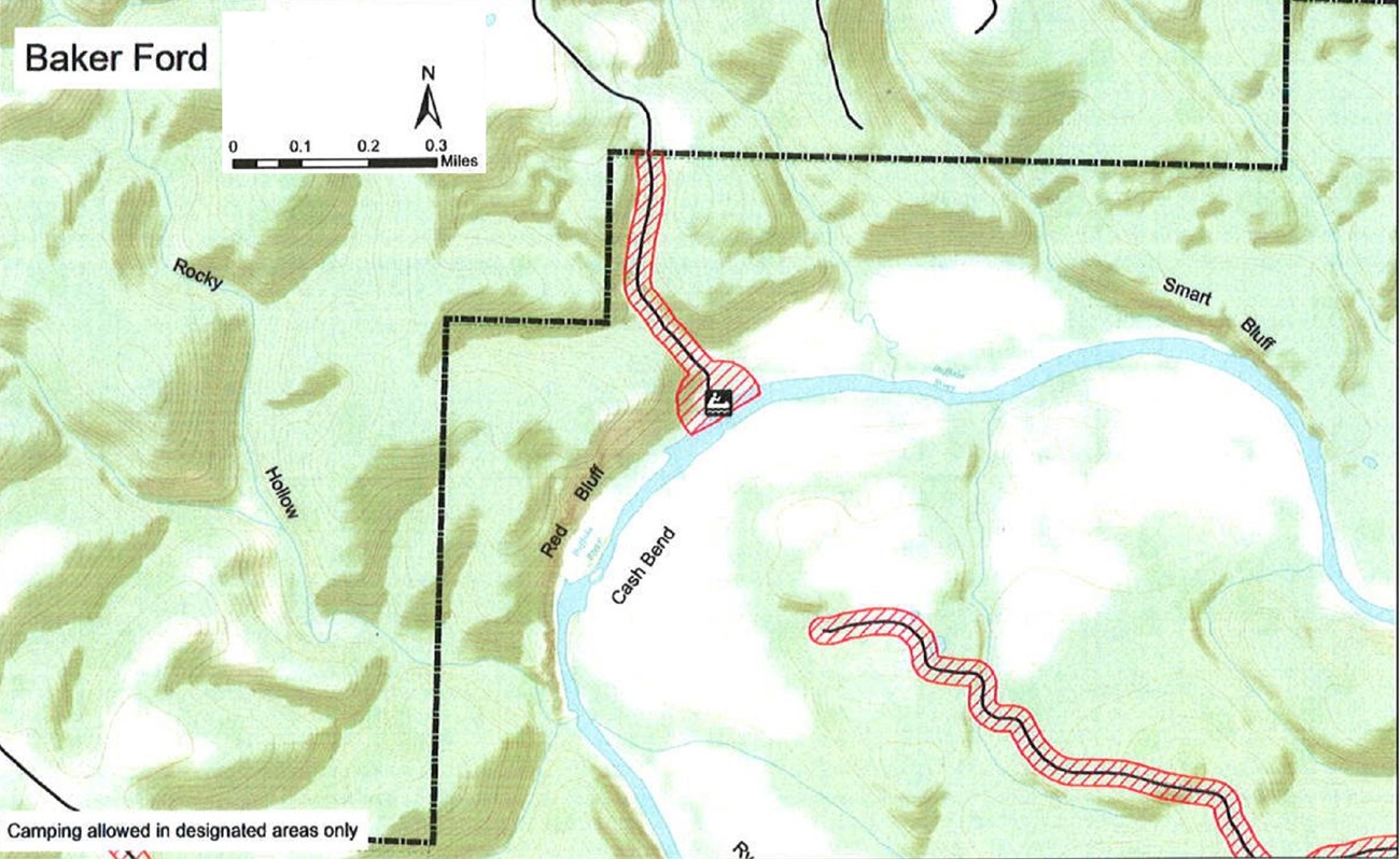 topographic map of Baker Ford, safety zone no hunting shaded red, roads solid black lines, boundary dash dot dash black lines, mileage and compass direction at top left