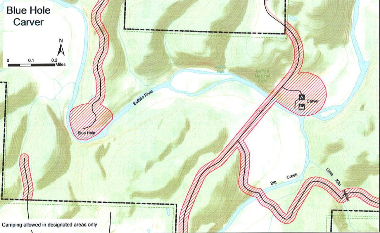 topographic map of Carver access area and Blue Hole area, safety zone no hunting area shaded red, roads solid balck lines, Caver campground and boat launch marked at center right, mileage and compass direction at top left