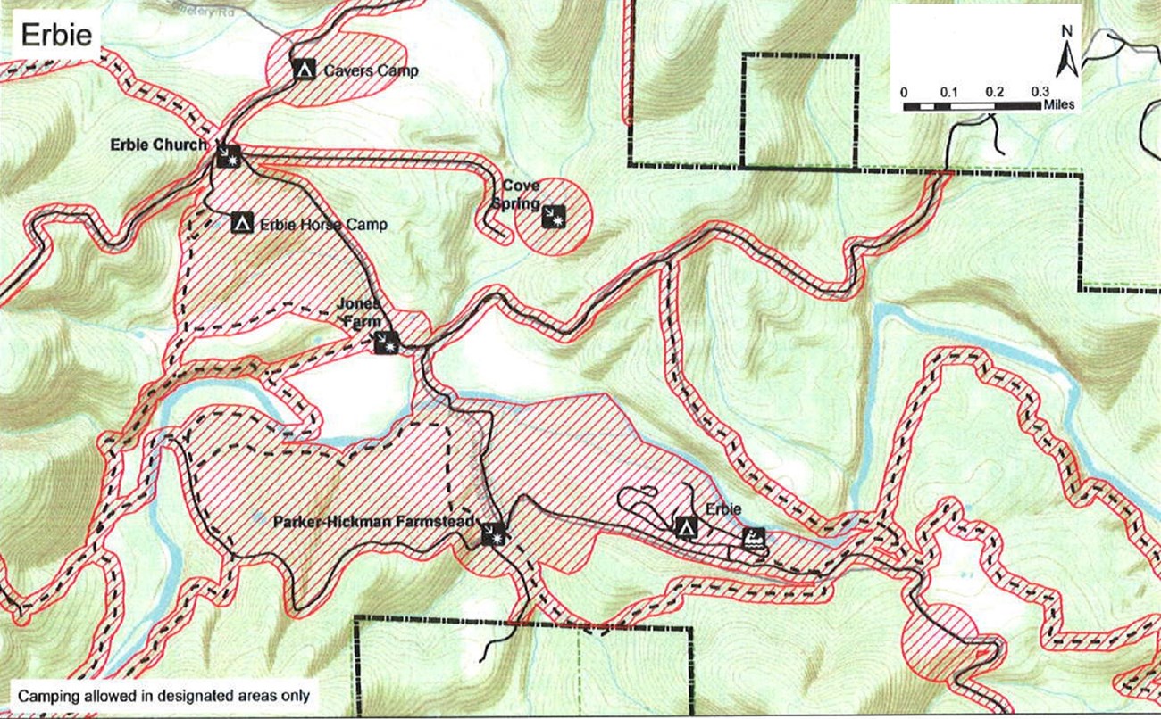 topographic map of Erbie area, safety zone no hunting shaded red, roads solid black lines, trails dashed black lines, boundary dash dot dash black lines, mileage and compass direction at top right