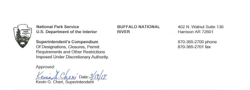 NPS arrowhead graphic at top left, park address across top, phone and fax numbers on right, Superintendent's signature and date at bottom left NPS arrowhead graphic at top left, park address across top, phone and fax numbers on right, Superintendent's signature and date at bottom left