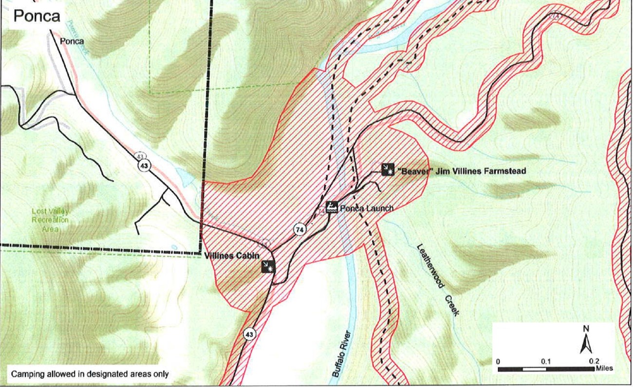 topographic map of Ponca Access area showing safety zone no hunting in shaded red, roads are solid black lines, trails are dashed black lines, park boundary are dash dot dash black lines, mileage and compass direction at bottom right