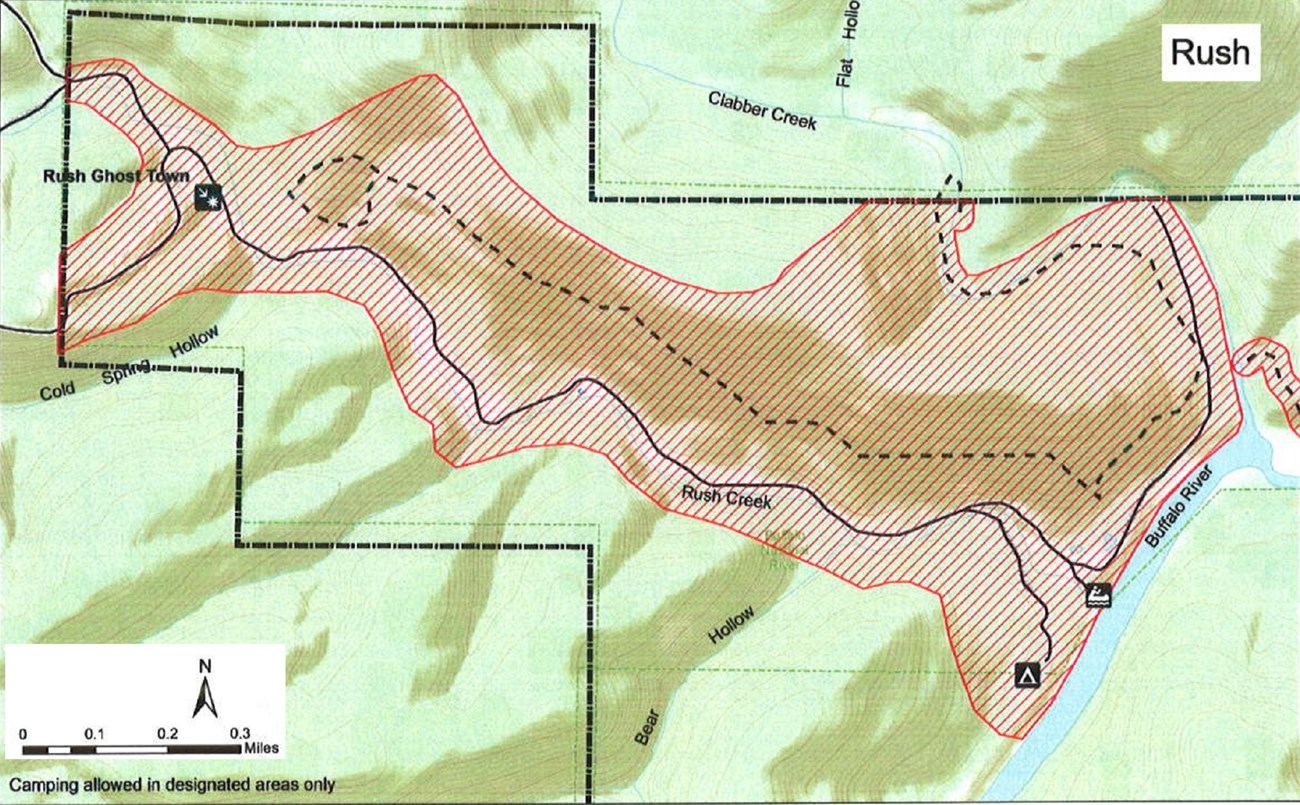topographic map of Rush access area, safety zone no hunting shaded red, roads solid black lines, trails dashed black lines, boundary dash dot dash black lines, mileage and compass direction at bottom left