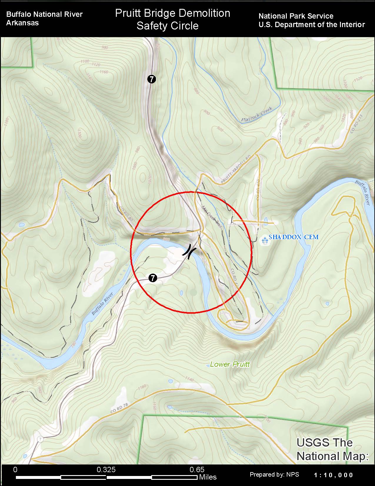 A map of the safety perimeter surrounding the old Highway 7 bridge at Pruitt.  The background is green, with a thick blue line labeled Buffalo River winding west to east.  A black line labeled 7 runs north to south.  A red circle is centered around the br