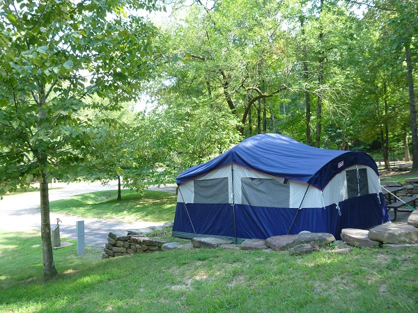 photo of campsite at Buffalo Point with blue & white tent