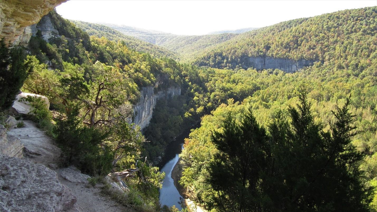 A river flows through tree-covered bluffs.