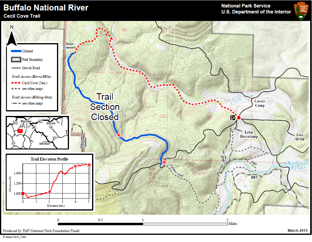 A map of the Cecil Cove Trail.  It is depicted as a red line over a topographical lines.  A section is highlighted in blue and reads trail section closed.