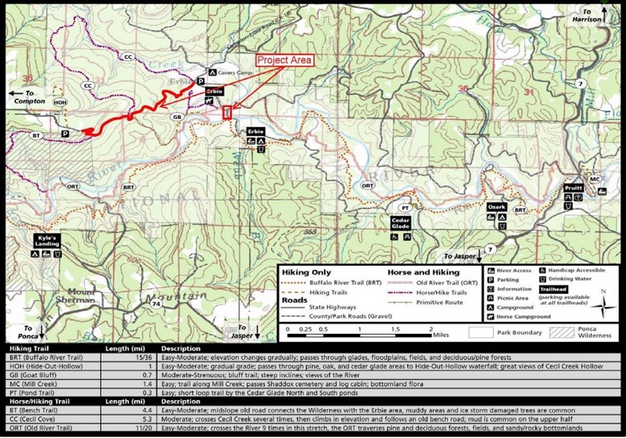ErbieComptonProjectArea map with red squares and arrows showing work area