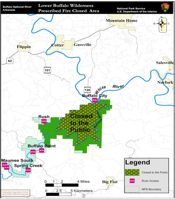 Map of the Lower Buffalo Wilderness prescribed fire closure area within Buffalo National River, Arkansas. The closed area is shown in green with a patterned overlay labeled “Closed to the Public” on the north side of the Buffalo River.