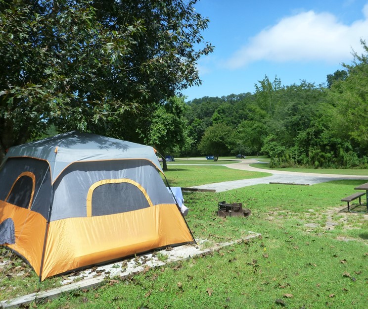 A yellow and gray square tent is pitched on the left side of a grassy campsite. In the background, a small parking area and road are visible, bordered by green leafy trees beneath a blue sky.