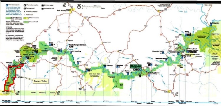 boxleyvalleymap color map of Buffalo National River with Boxley Valley outlined in red