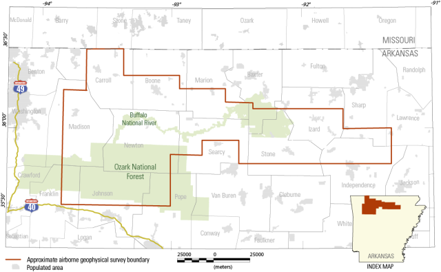 map of northern Arkansas area with survey site outlined in red