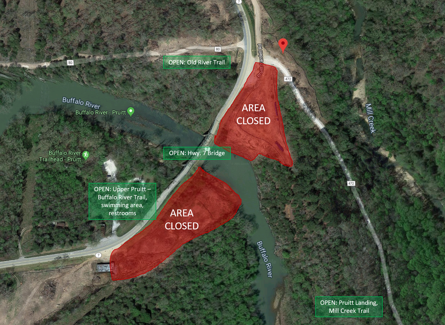 Map of Pruitt Bridge Construction Closures Aerial map of area closure around construction site