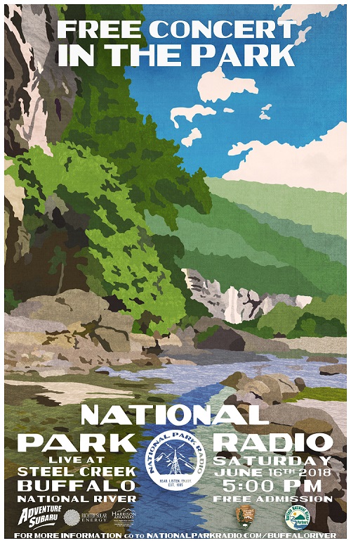 stylized image of bluffs and river with text for concert details