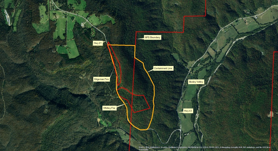 Whiteley Edgeman Fire Map satellite map with fire and park boundaries marked with red lines, roads are yellow lines