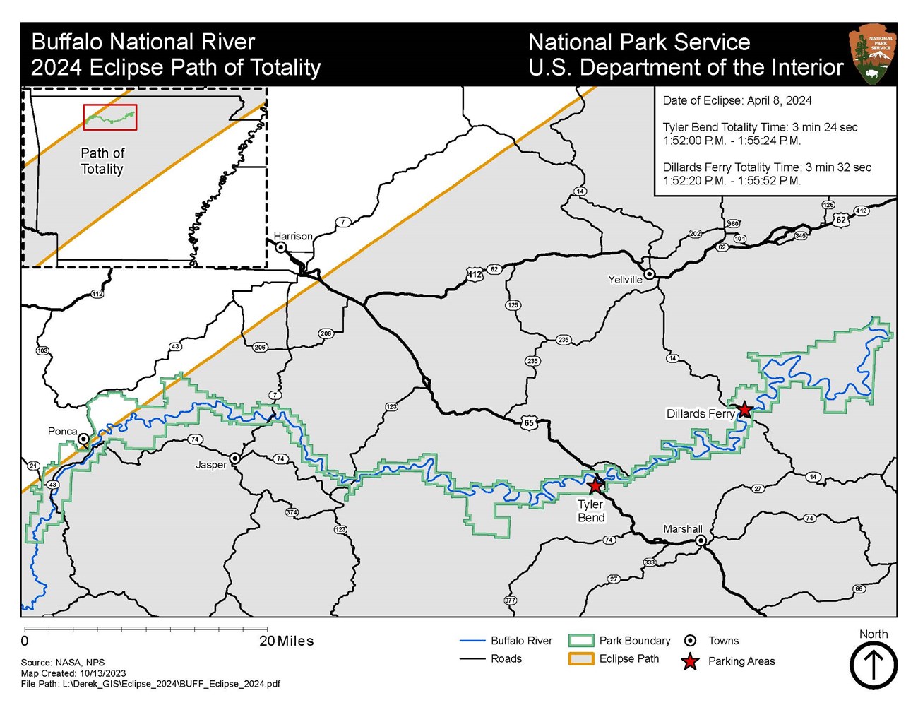 A map depicting the path of totality, shaded in gray, over Buffalo National River in relation to the river outlined in blue and the park boundary outlined in green. Two red stars identify the best parking areas in the park.