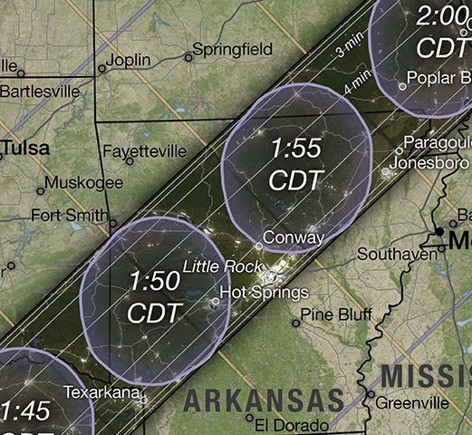 A map of Arkansas with an overlay of the eclipse path on it.