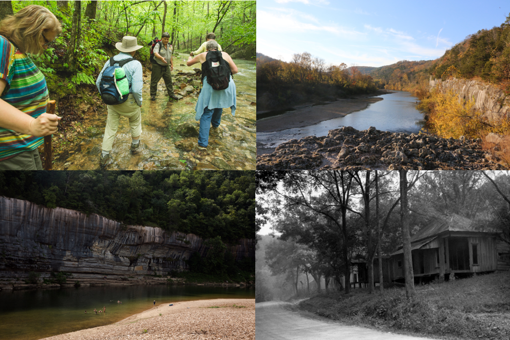 Photo collage depicting a group hiking, an autumn overlook of the river, the Buffalo Point swimming beach, and Rush Historic District