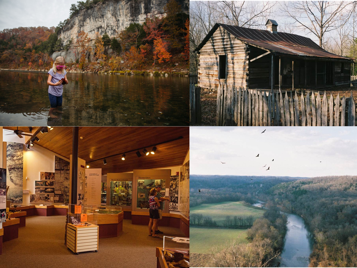 Photo collage depicting a child wading in the river, the Collier Homestead, the Tyler Bend Visitor Center exhibits, and a river overlook.