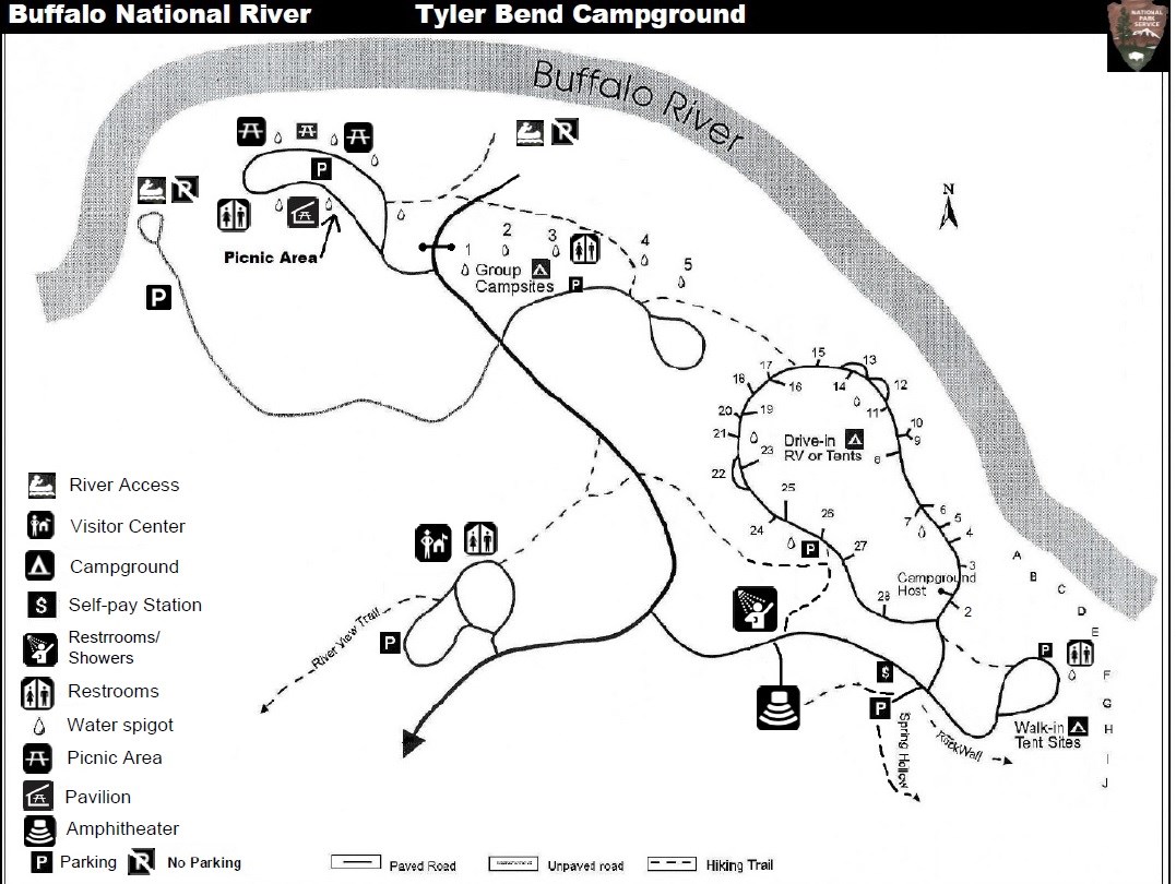 line map of Tyler Bend area including locations of visitor center, campground sites, picnic area, and boat launch