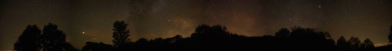 View of the night sky from Tyler Bend. Black silhouette of trees below a star studded night sky.