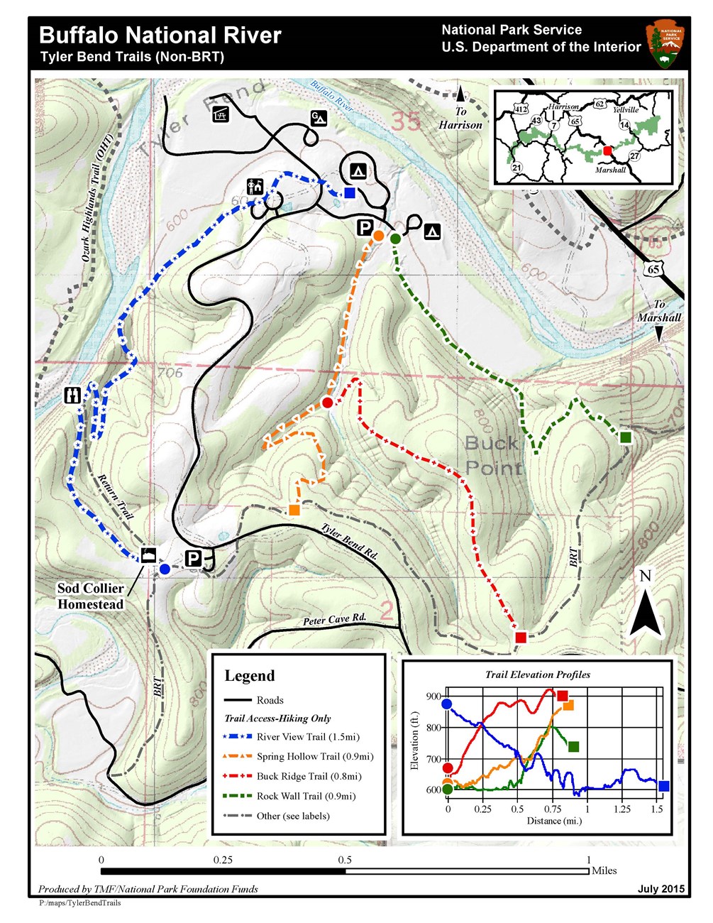 Topographic map of the Tyler Bend hiking trails.