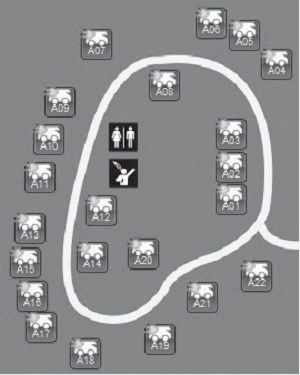 map of A Loop of Buffalo Point Campground, white lines are roads, black squares in center are restroom and shower, symbols along road show campsite locations