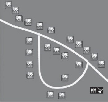 map of D Loop in Buffalo POint Campground, white lines are campground road, black symbol at bottom right is restroom and shower, symbols along road are campsite locations