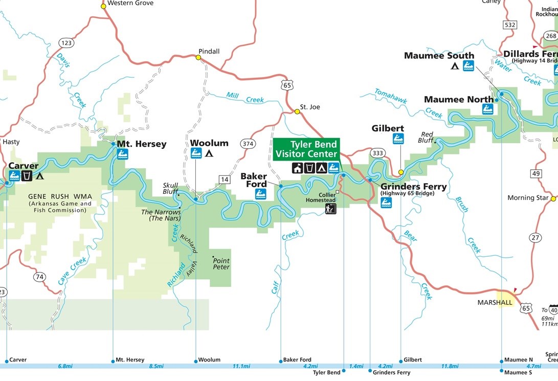 Map showing access points, roads, campgrounds, and amenities for the middle section of the park. Map showing access points, roads, campgrounds, and amenities for the middle section of the park.