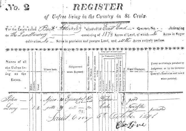 Danish tax list showing the names of slaves that lived on Buck Island in 1841.