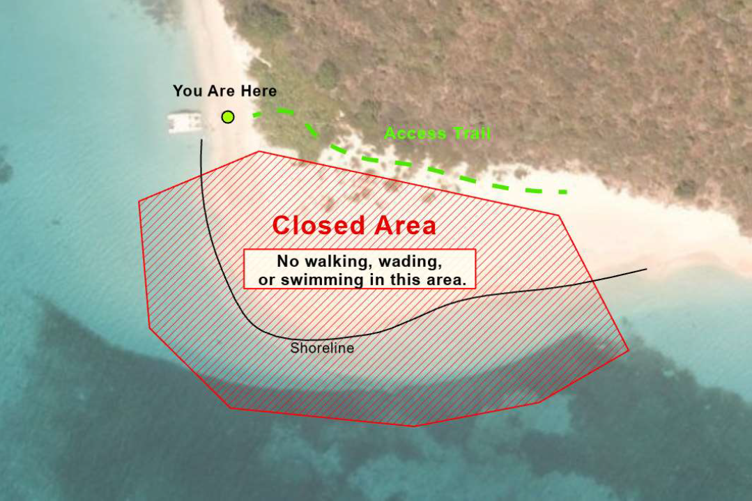 Map of temporary partial closure aerial map of beach with red lines depicting where the temporary closed area is located