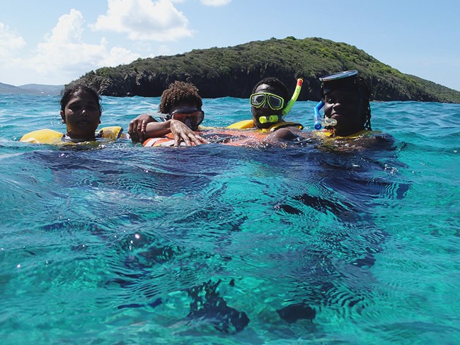 kids snorkeling at the Buck Island underwater trail