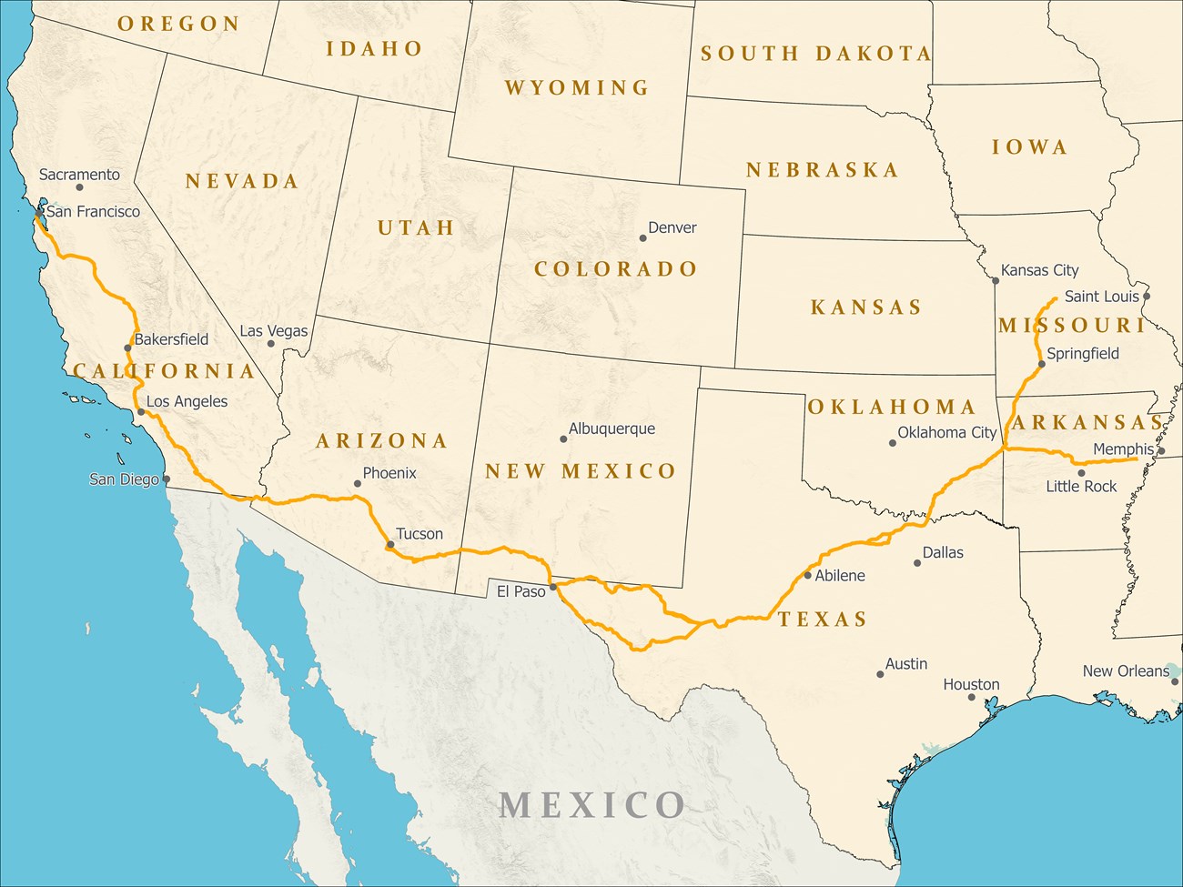 A map of a trail that runs from the Mississippi River, through the south, to San Francisco, California.