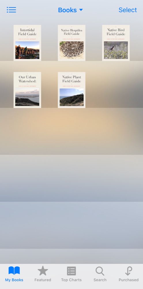 iBook application on iPhone with downloaded Cabrillo National Monument Field Guides ready for use