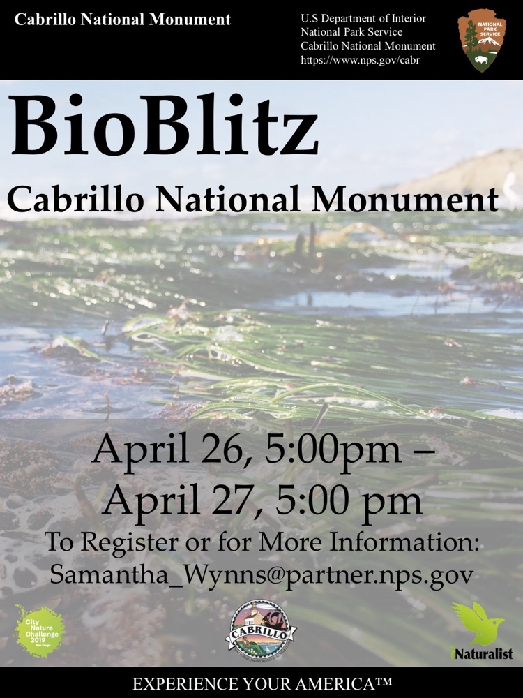 A flier for the upcoming City Nature Challenge Bioblitz at Cabrillo National Monument, held 5:00 pm, April 26th – 5:00 pm, April 27th.