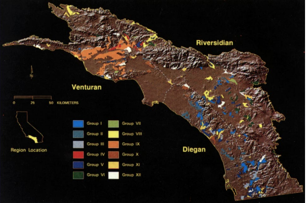 The remnants of Coastal Sage Scrub communities in Southern California from a paper published in 1994. The “groups” represent different classes (or species) of Coastal Sage Scrub plants.