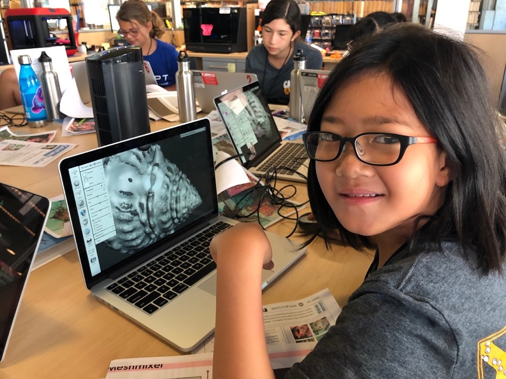 An EcoLogik camper sits smiling at a desk. On the laptop in front of her is an image of a Wavy Turban Snail which the camper is editing, getting ready to 3D print this biomodel.