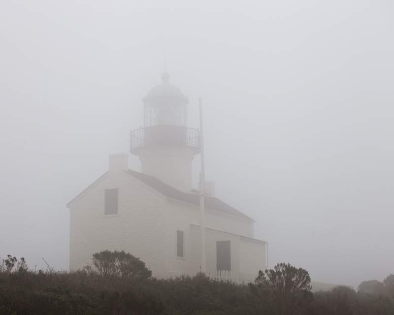 Fog obscuring the Old Point Loma Lighthouse