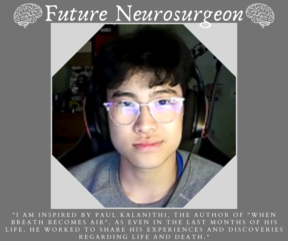  A graphic of a person wearing silver-rimmed glasses and black headphones with “Future Neurosurgeon”
