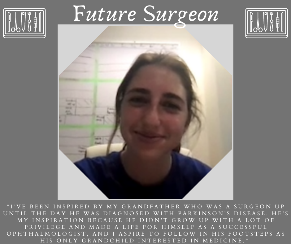 A graphic of a smiling person with brown hair with “Future Surgeon” and “I’ve been inspired by my grandfather who was a surgeon up until the day he was diagnosed with Parkinson’s Disease.