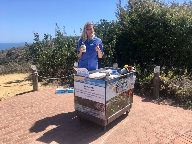 Volunteer Gretchen is excited to talk to visitors about bird adaptations with a Science Explorer’s Club activity called Build-a-Bird