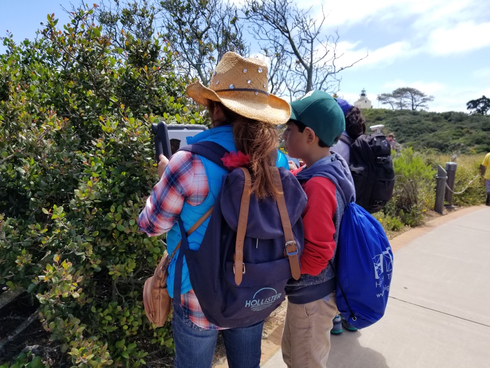A chaperone shows a student from High Tech Elementary school how to use iNaturalist on one of the school’s ipads by snapping a photo of a Lemonade Berry plant.