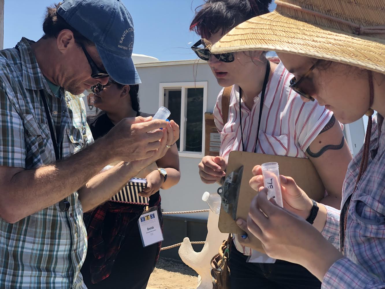 Dr. David Holway of UCSD and one of his lab members closely examine ant samples collected while a High Tech teacher looks on.