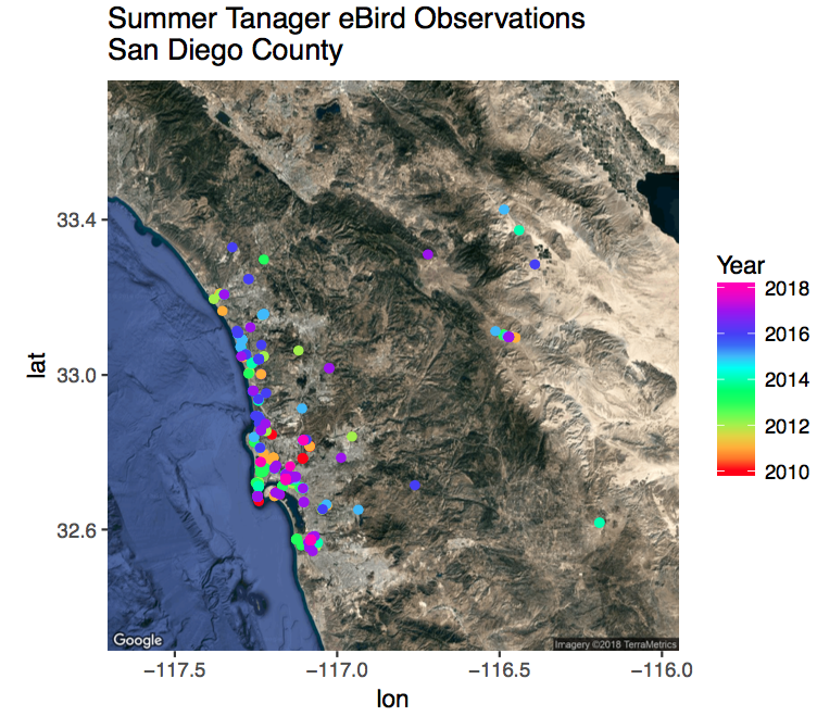 eBird observations of the Summer Tanager (Piranga rubra) in San Diego County eBird observations of the Summer Tanager (Piranga rubra) in San Diego County