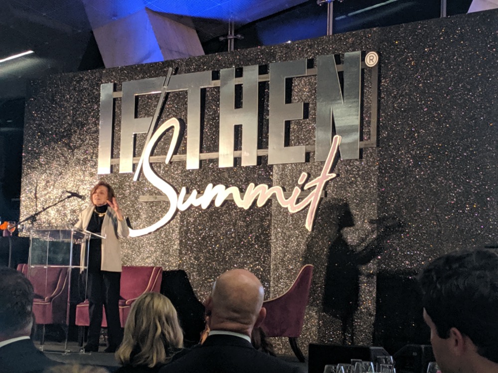 Legendary Oceanographer and National Geographic Explorer Dr. Sylvia Earle stands at a podium and shares her story during an IF/THEN® Summit gala. 
